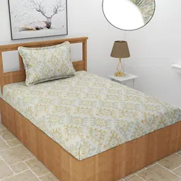 BREVARD Beige Printed 210 TC Fitted Single Bedsheet with 1 Pillow Cover-image-59