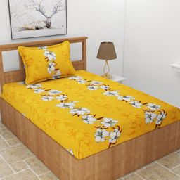 MORADO Mustard & White Floral Printed 210 TC Single Bedsheet with 1 Pillow Covers-picture-28