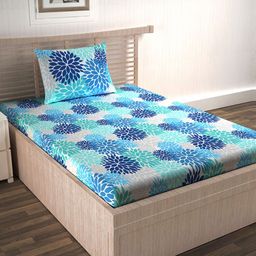 Divine Casa Blue & White Floral 144 TC Single Bedsheet with 1 Pillow Cover-picture-20
