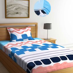 Arrabi White & Blue Geometric 300 TC Single Bedsheet with 1 Pillow Covers-picture-37