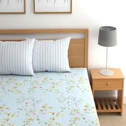 Srijee Decors Blue & Pink Floral 210 TC Fitted King Bedsheet With 2 Pillow Covers-image-71