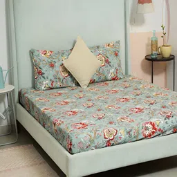 Srijee Decors Green & Red Floral 250 TC Fitted King Bedsheet With 2 Pillow Covers-picture-22
