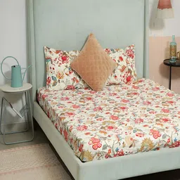 Srijee Decors Red & White Floral 250 TC Fitted King Bedsheet With 2 Pillow Covers-image-55