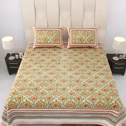 EasyGoods Green & Orange Floral 250 TC King Cotton Bedsheet with 2 Pillow Covers-image-76