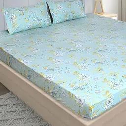 Stylista Blue Floral Cotton 400 TC King Fitted Bedsheet with 2 Pillow Covers-image-46