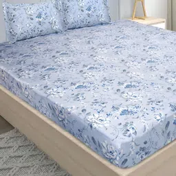 Stylista Blue Floral Cotton 400 TC King Fitted Bedsheet with 2 Pillow Covers-image-56