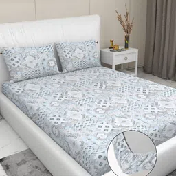 RD TREND Blue & White Printed 210 TC Pure Cotton Fitted King Bedsheet with 2 Pillow Covers-picture-10