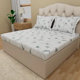 Himeya White & Green Geometric Cotton 180 TC King Bedsheet With 2 Pillow Covers-picture-27