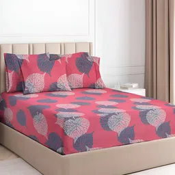 bsb home Pink & Grey Abstract Microfiber 180 TC Fitted King Bedsheet with 2 Pillow Covers image 1