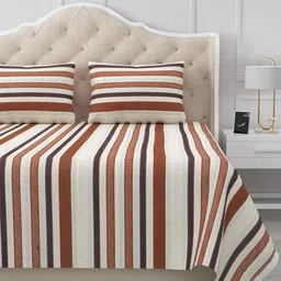 BELLA CASA Brown & White Striped 180 TC King Bedsheet with 2 Pillow Covers-picture-37