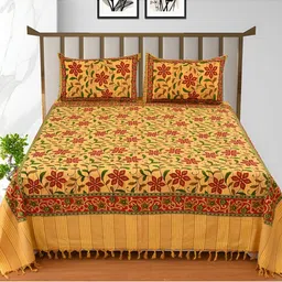 bsb home Yellow & Green Floral Cotton 210 TC King Bedsheet with 2 Pillow Covers-image-80