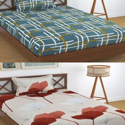 Aura Blue & White Printed 180 TC 2 Single Bedsheet with 2 Pillow Covers-picture-12