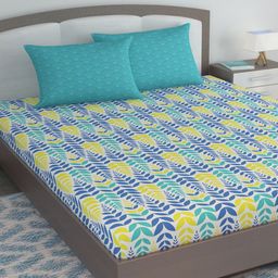 Divine Casa Blue & Green Floral Blend Cotton 120 TC King Bedsheet with 2 Pillow Covers-picture-24