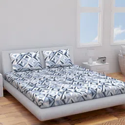 Himeya Blue & White Geometric Cotton 120 TC Queen Bedsheet With 2 Pillow Covers-image-22