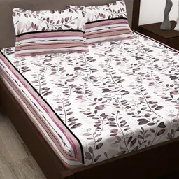 Story@home White & Mauve Floral Cotton 186 TC Queen Bedsheet With 2 Pillow Covers-image-38