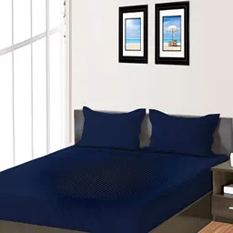 RRC Navy Blue Striped 144 TC Queen Fitted Bedsheet with 2 Pillow Covers-picture-27