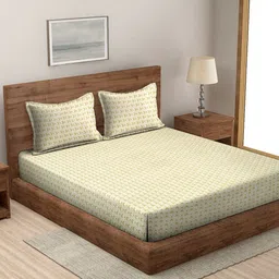 MODEFE Beige & Green Geometric 144 TC Queen Bedsheet with 2 Pillow Covers-picture-33