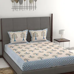 Wayne Martin Beige & Blue Floral Cotton 380 TC King Bedsheet With 2 Pillow Covers-image-65