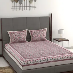 Wayne Martin Cream Pink Floral Cotton King Bedsheet with 2 Pillow Covers-image-59