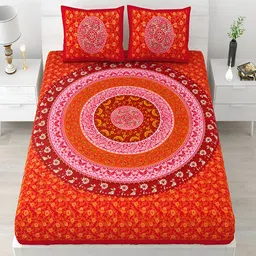 Runjhun Orange & Pink Ethnic Motifs Pure Cotton 240 TC King Bedsheet With 2 Pillow Covers-picture-17