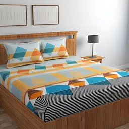 Srijee Decors Orange Geometric 210 TC Fitted King Bedsheet with 2 Pillow Covers-image-85