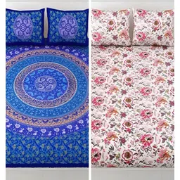 Runjhun White & Blue Floral Cotton 2 King Bedsheet with 4 Pillow Covers-image-55