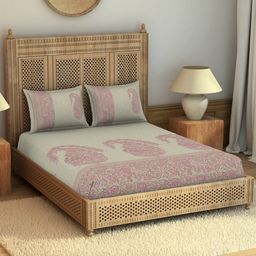 SPACES Pink & Beige Ethnic Motifs Cotton 210 TC King Bedsheet With 2 Pillow Covers-picture-15