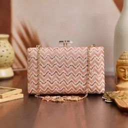ARTKLIM Peach-Coloured & Gold-Toned Embroidered Box Clutch-picture-35