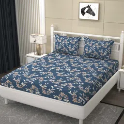 fine tex world Blue Floral 200 TC Ultrasoft Microfiber Queen size Flat Double Bedsheet With Two Pillow Covers (90x90 inches) image 1