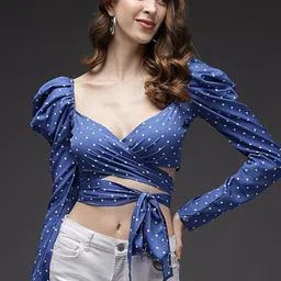 TANDUL Polka Dots Printed Puff Sleeve Wrap Sweetheart Neck Crop Top-picture-31