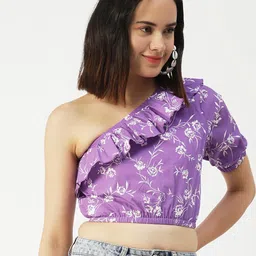 Moomaya Floral Printed One Shoulder Cotton Cinched Waist Ruffled Crop Top-picture-15