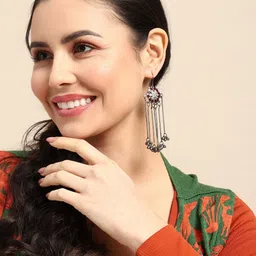 Sangria Oxidised & Enamelled Artificial Beaded Geometric Drop Earrings-image-26