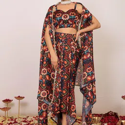 KAORI BY SHREYA AGARWAL Floral Printed Shoulder Straps Linen Top & Skirt With Shrug-picture-4