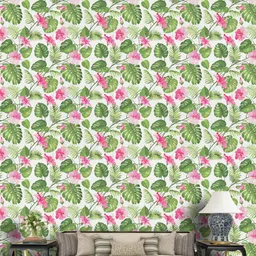 Jaamso Royals Green & Pink Floral Leaves Design Self Adhesive & Waterproof Wallpaper-image-49