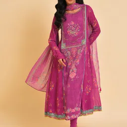 WISHFUL Pink Floral Printed Sequinned Kurta With Dupatta-picture-37