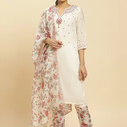 W Floral Embroidered Regular Kurta With Slim Trousers & Dupatta-picture-33