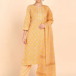 VEDANA Women Yellow Ethnic Motifs Printed Pure Cotton Kurta with Trousers & With Dupatta-picture-12