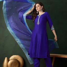 Sangria Blue Floral Embroidered Notch Neck Straight Kurta With Trouser & Dupatta-picture-32