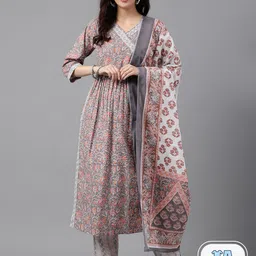SAABHI Floral Printed Angrakha V-Neck Pure Cotton Kurta & Trousers With Dupatta-picture-28