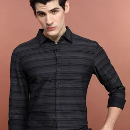 HIGHLANDER Black Slim Fit Horizontal Stripes Spread Collar Long Sleeve Cotton Casual Shirt-picture-18