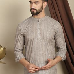 Anouk Brown Striped Woven Design Band Collar Long Sleeves Cotton Kurta-picture-12