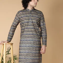 NAMASKAR Striped Mandarin Collar Cotton Kurta-image-36