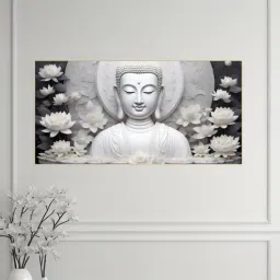 nestroots Canvas Framed Buddha Surrounded by White Flowers Wall Painting-picture-34