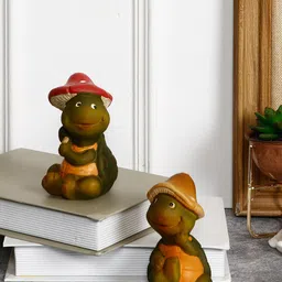 TAYHAA Olive Green & Orange Set Of 2 Polyresin Curio Mushroom Turtle Showpiece Set-picture-10