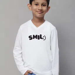 Friskers Boys White Typography Printed V-Neck Monochrome Applique T-shirt-picture-26