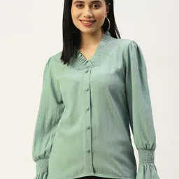AKIMIA Sea Green Bishop Sleeves Smocked Crepe Shirt Style Top-picture-37
