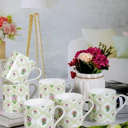 GOODHOMES White & Green Set of 6 Printed Bone China Glossy Mugs 220 ml Each-image-95