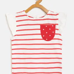 mothercare Girls White & Red Striped Pure Cotton Cap Sleeves Top with Pocket Detail-picture-47