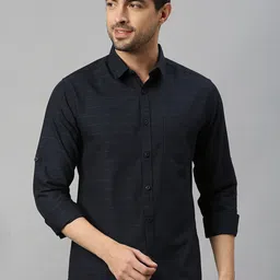 HERE&NOW Black Classic Slim Fit Horizontal Striped Roll-Up Sleeves Pure Cotton Shirt-picture-40