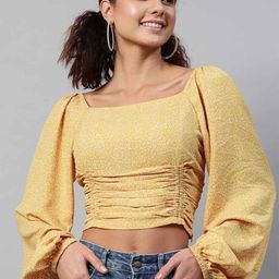 STREET 9 Women Yellow & White Floral Fringed Georgette Regular Crop Top-picture-6